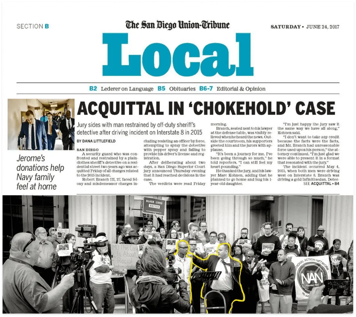 San Diego Union-Tribune front page: Acquittal in chokehold case won by Marc Kohnen