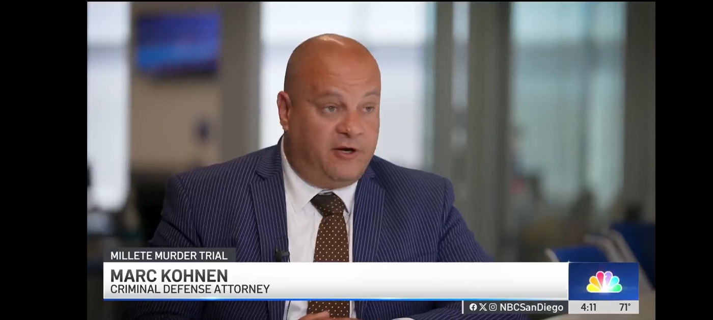 San Diego homicide defense attorney Marc Kohnen providing legal commentary on NBC 7 during the Millete murder trial